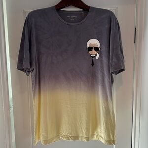 Karl Lagerfeld Paris tie-dye dip-dye graphic print t shirt in gray/blue & yellow